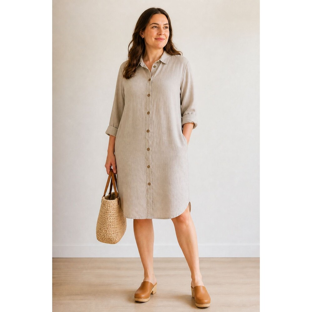 Linen Blend Lagenlook Shirt Dress Oatmeal Button Front Long Sleeve Qualfort 2XL